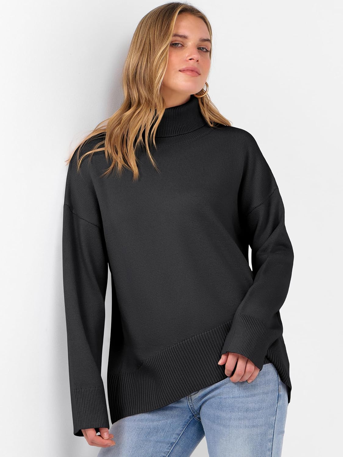 ANRABESS Womens Turtleneck Sweaters Oversized Chunky Long Sleeve Knit High Low Hem Pullover Top 2025 Fall Winter Fashion