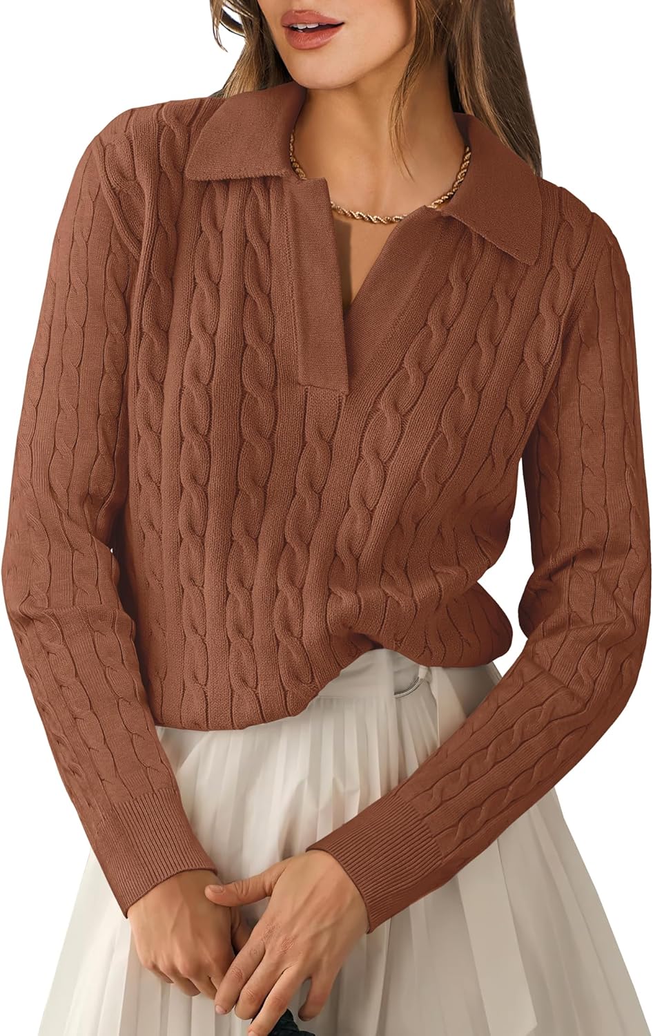 ANRABESS Womens Cable Knit Sweaters Long Sleeve V Neck Sweater Tops Casual Pullover Polo Shirts 2025 Fall Fashion Outfits