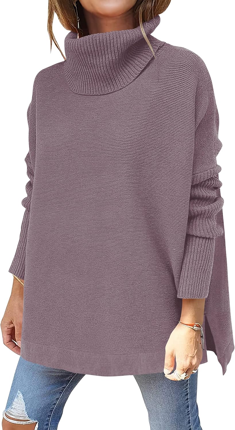 ANRABESS Women's Oversized Turtleneck Batwing Sleeve Spilt Casual Loose Knit Tunic Pullover Sweater Tops 2025 Fall Outfits