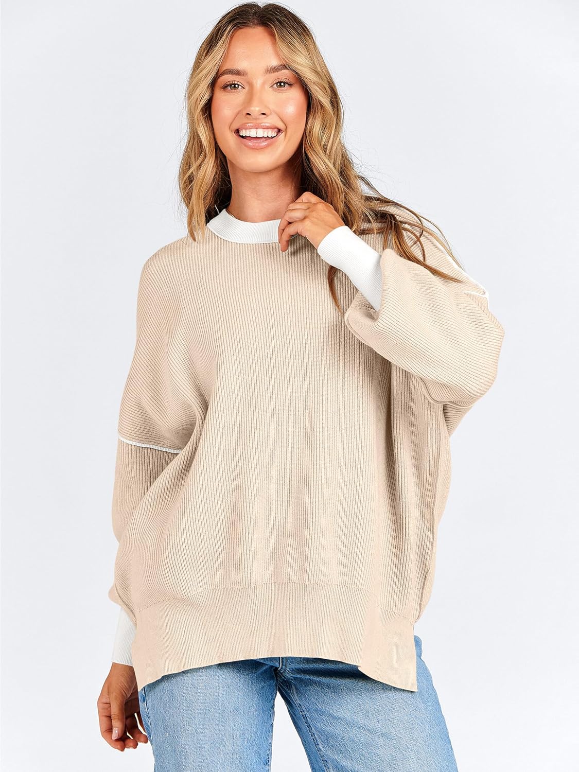 ANRABESS Womens Oversized Sweaters Fall 2025 Fashion Crewneck Batwing Long Sleeve Side Slit Knit Pullover Sweater Tops