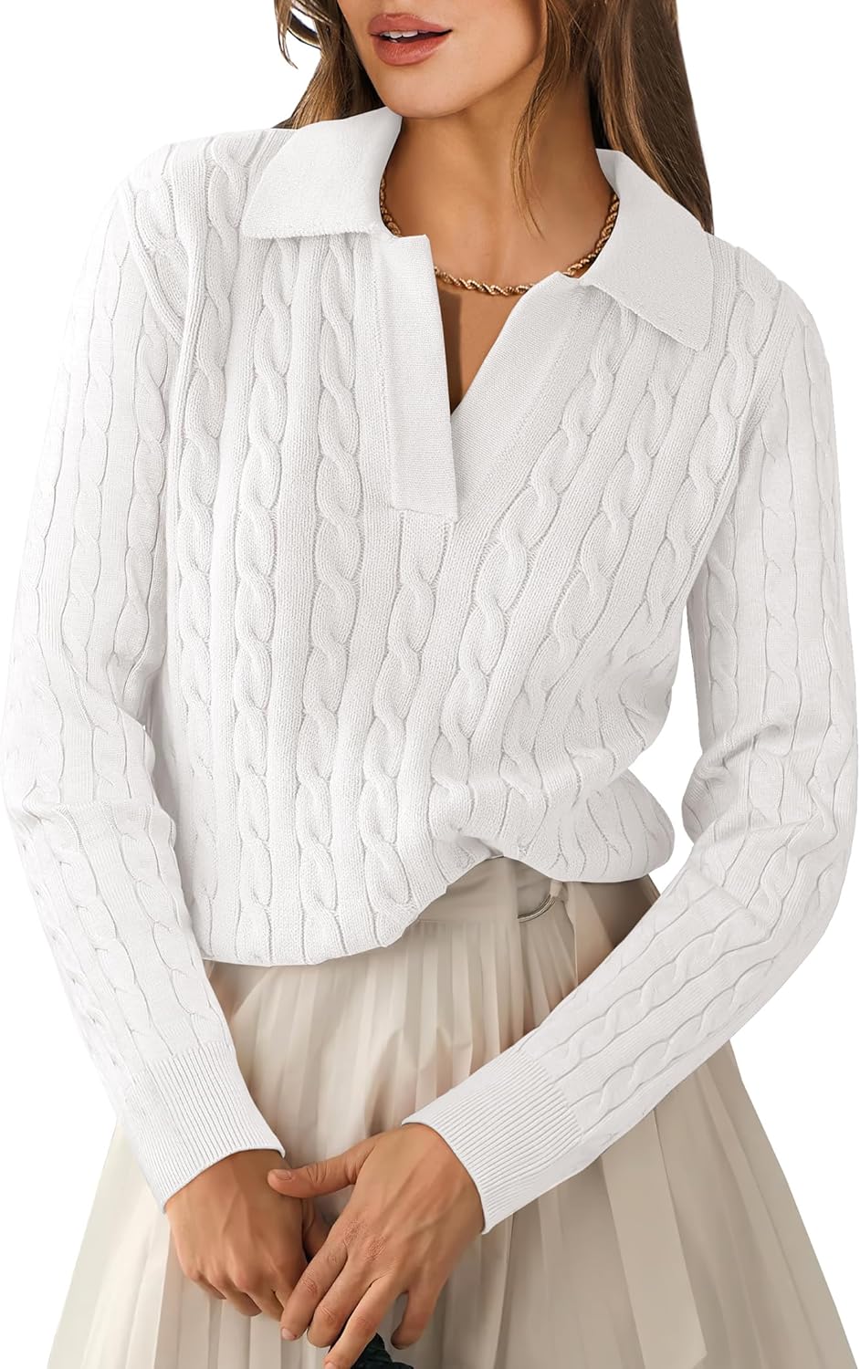 ANRABESS Womens Cable Knit Sweaters Long Sleeve V Neck Sweater Tops Casual Pullover Polo Shirts 2025 Fall Fashion Outfits