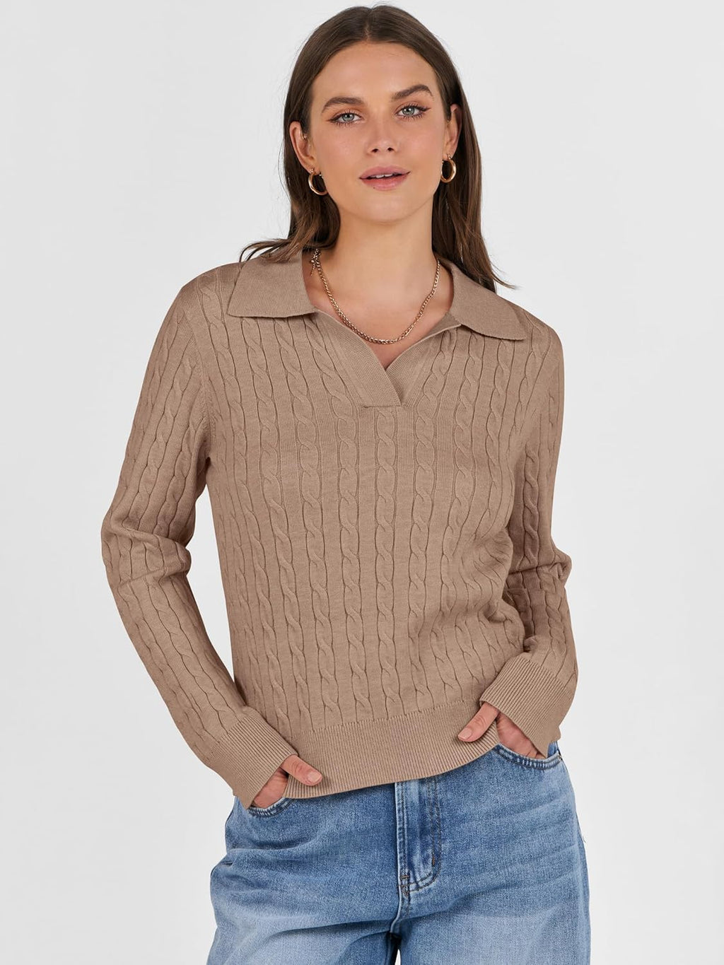 ANRABESS Womens Cable Knit Sweaters Long Sleeve V Neck Sweater Tops Casual Pullover Polo Shirts 2025 Fall Fashion Outfits