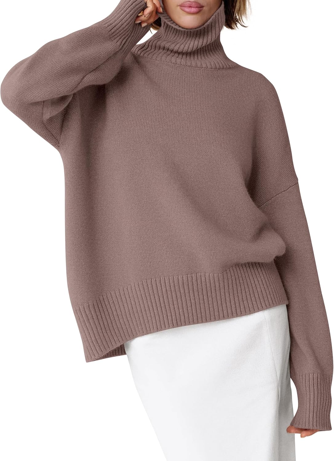 ANRABESS Womens Turtleneck Sweaters Oversized Chunky Long Sleeve Knit High Low Hem Pullover Top 2025 Fall Winter Fashion