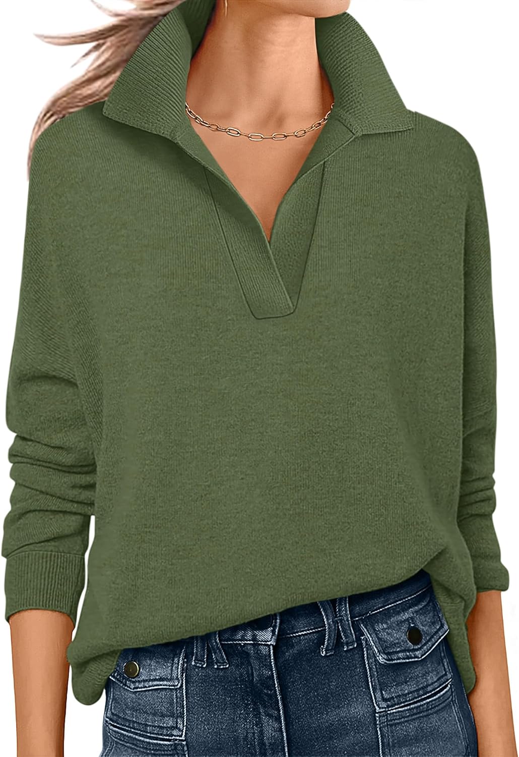 ANRABESS Womens Polo V Neck Long Sleeve Sweaters Lightweight Dressy Casual Business Basic Knit Pullover Top 2025 Fall Outfits