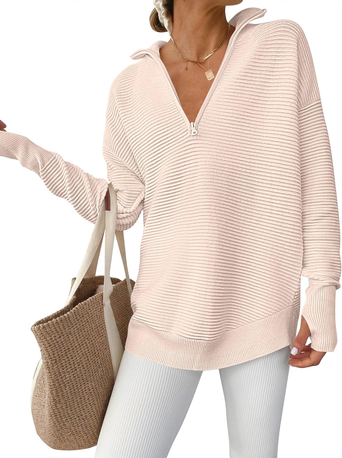 ANRABESS Womens Long Sleeve Quarter Zip Pullover Sweater Casual Loose V Neck Collared Ribbed Knit Jumper Tops Thumb Hole