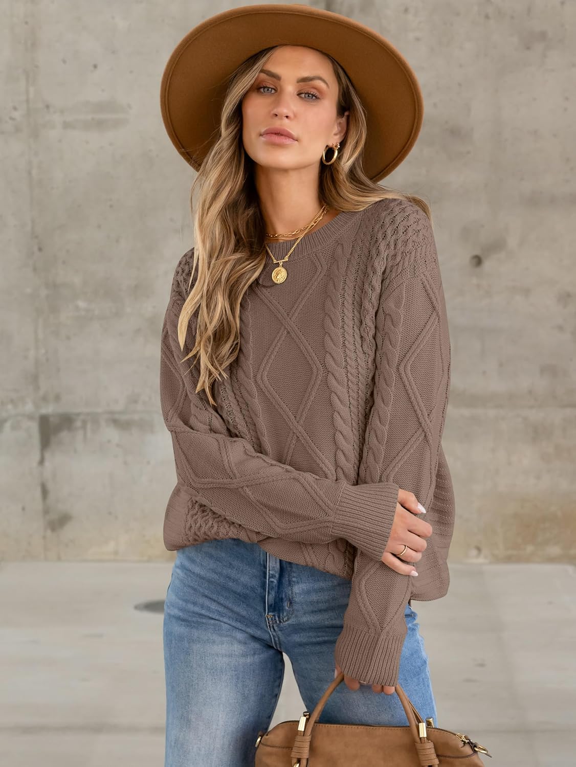 ANRABESS Sweaters for Women Oversized Cable Knit Fall Long Sleeve Crewneck Casual Pullover Sweater Tops 2025 Winter Outfits