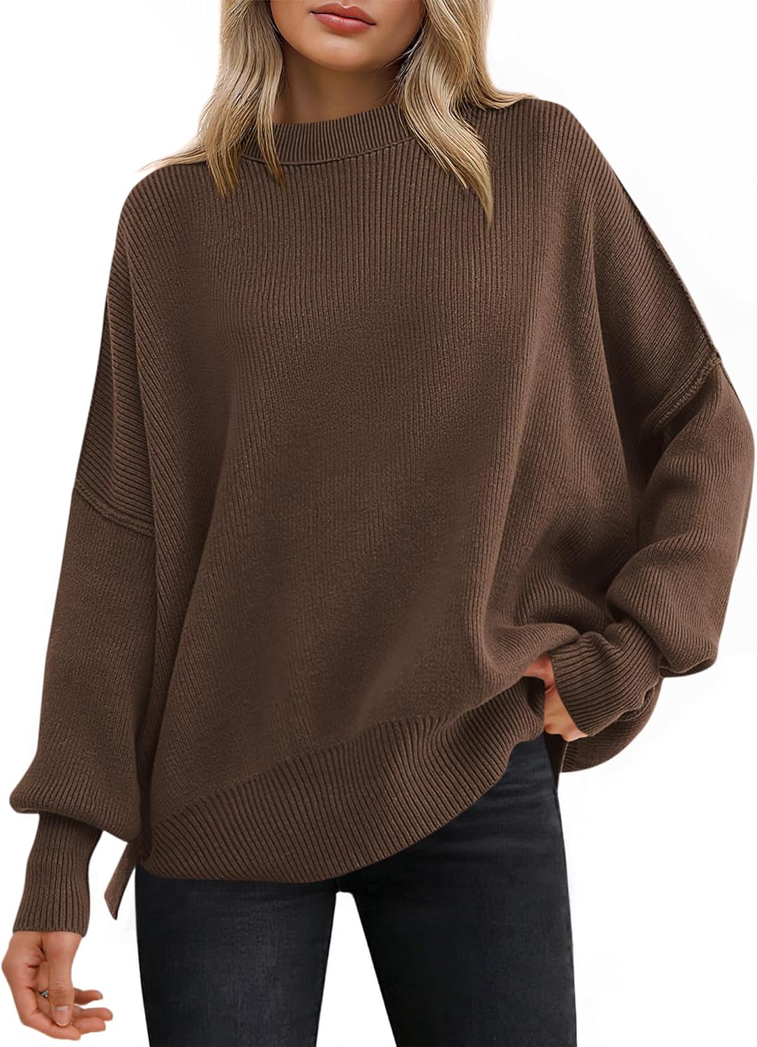 ANRABESS Women Oversized Sweaters Batwing Long Sleeve 2025 Fall Outfits Crewneck Casual Knit Side Slit Fashion Pullover Top