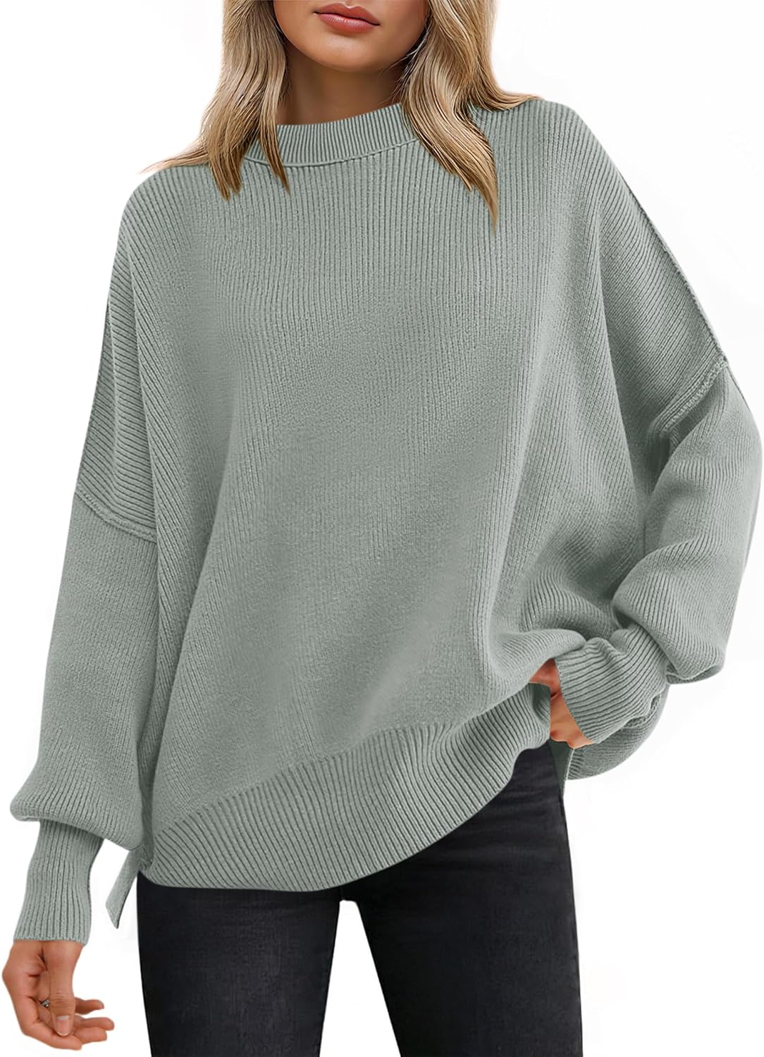 ANRABESS Women Oversized Sweaters Batwing Long Sleeve 2025 Fall Outfits Crewneck Casual Knit Side Slit Fashion Pullover Top