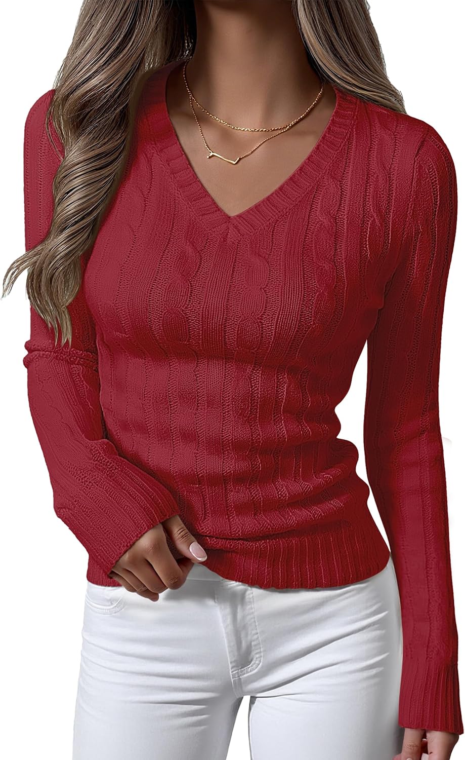 ANRABESS Womens Long Sleeve Cable Knit Sweater 2025 Fall Fashion V Neck Fitted Pullover Top Business Casual Work Fall Outfits