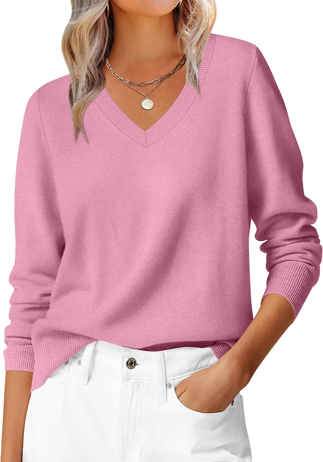 ANRABESS Womens Long Sleeve V Neck Sweaters 2025 Fall Casual Classic Soft Loose Fit Basic Pullover Jumper Top