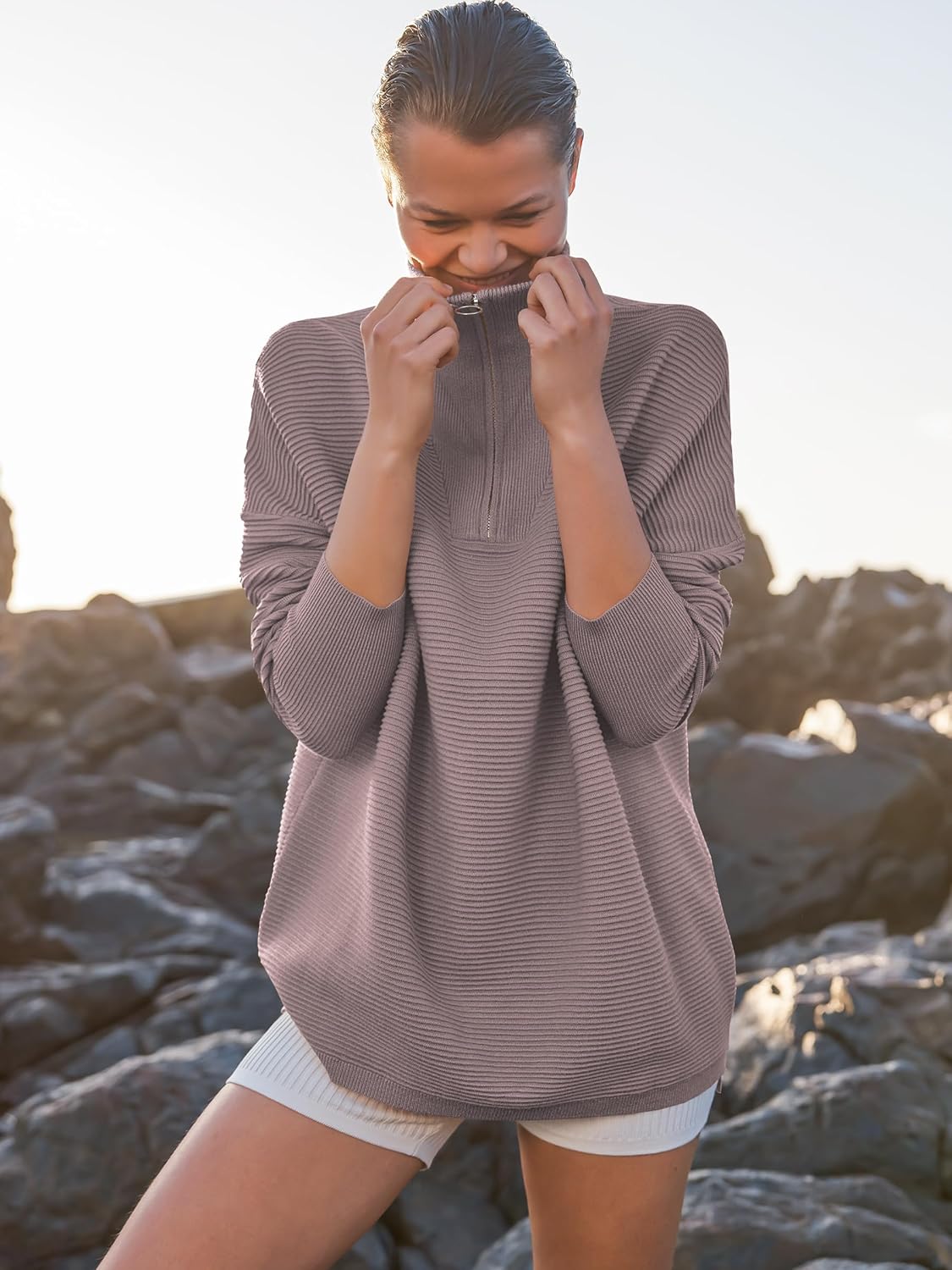 ANRABESS Women Quarter Zip Oversized Casual Loose Rib Knit Cozy Pullover Sweaters Top 2025 Fall Fashion Outfits Clothes