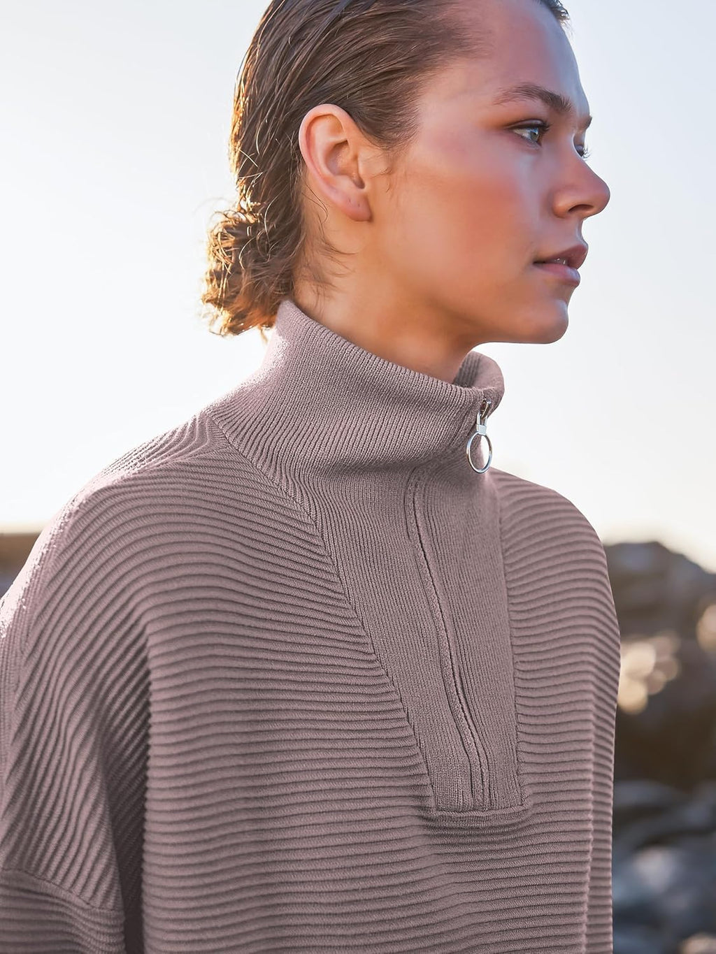 ANRABESS Women Quarter Zip Oversized Casual Loose Rib Knit Cozy Pullover Sweaters Top 2025 Fall Fashion Outfits Clothes