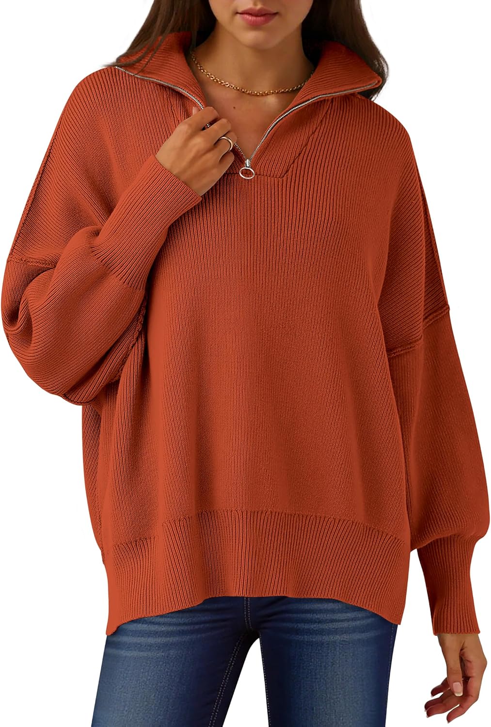 ANRABESS Women's Oversized Fashion Long Sleeve Quarter Zip Baggy Loose Slouchy Sweater Pullover Tops 2025 Fall Outfits