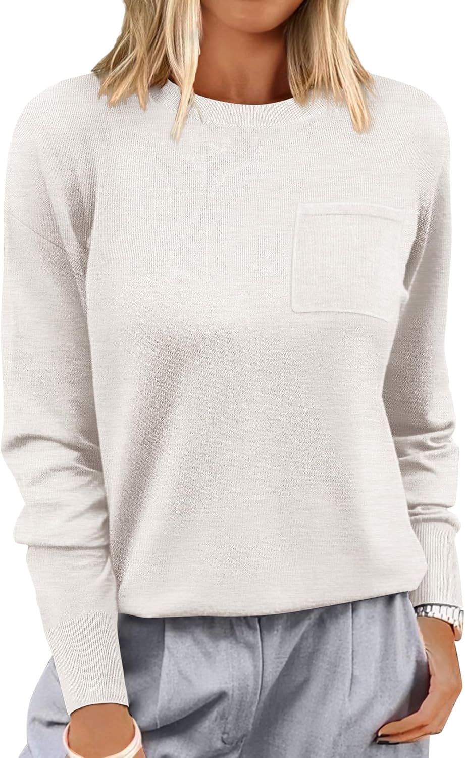 ANRABESS Oversized Sweaters for Women Casual Crewneck Knit Lightweight Chest Pocket Pullover Top 2025 Fall Travel Outfits