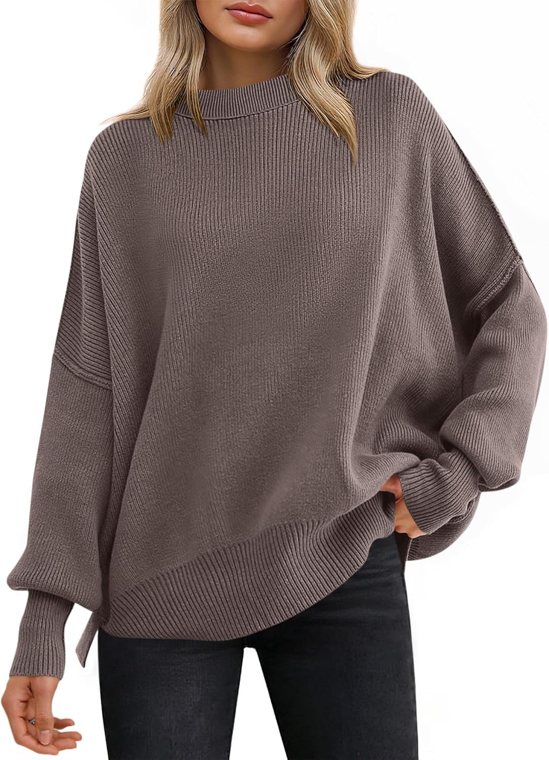 ANRABESS Women Oversized Sweaters Batwing Long Sleeve 2025 Fall Outfits Crewneck Casual Knit Side Slit Fashion Pullover Top