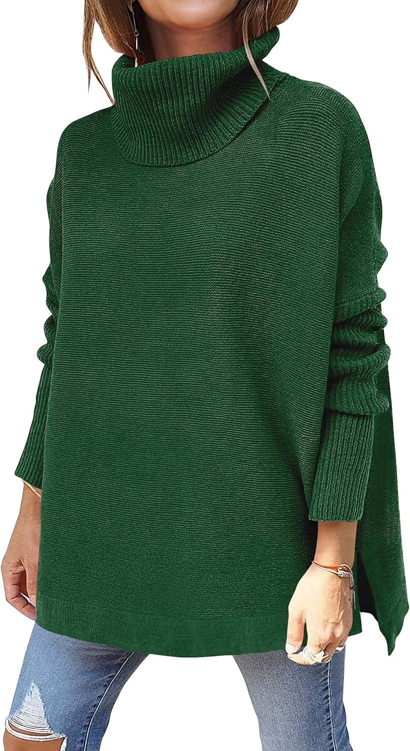 ANRABESS Women's Oversized Turtleneck Batwing Sleeve Spilt Casual Loose Knit Tunic Pullover Sweater Tops 2025 Fall Outfits