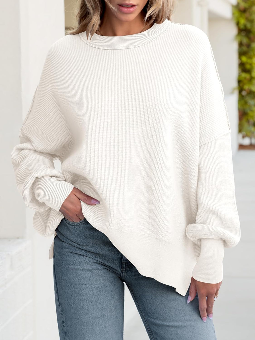 ANRABESS Women Oversized Sweaters Batwing Long Sleeve 2025 Fall Outfits Crewneck Casual Knit Side Slit Fashion Pullover Top