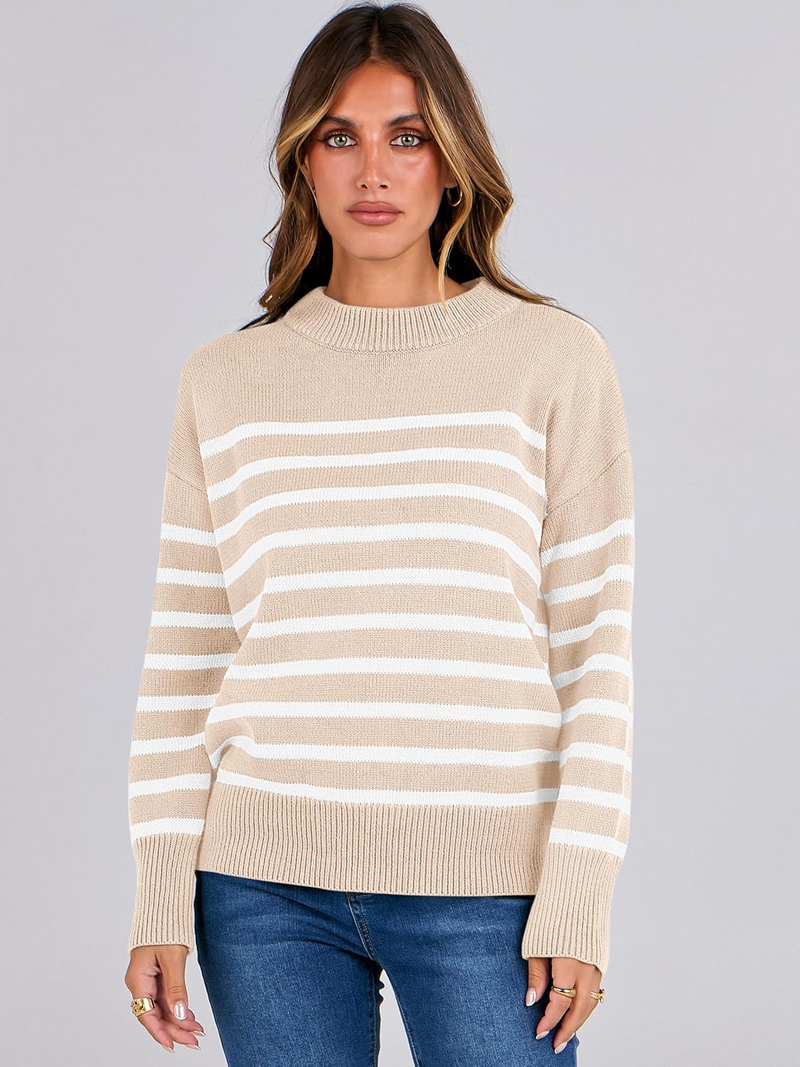 ANRABESS Women Fall Fashion Sweaters Striped Long Sleeve Crewneck Loose Fit Cozy Knit Trendy Pullover Sweater Tops Beige White Stripe Small