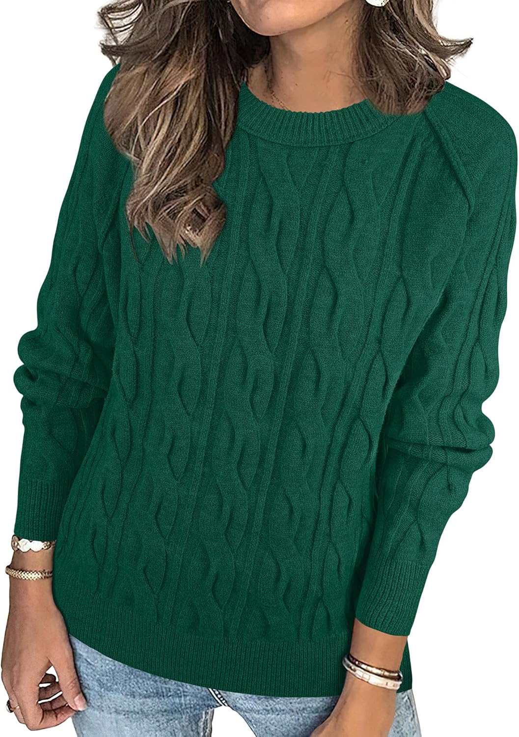 ANRABESS Sweaters for Women Long Sleeve Crewneck Cable Knit Casual Loose Pullover Tops 2025 Trendy Fall Vintage Outfits