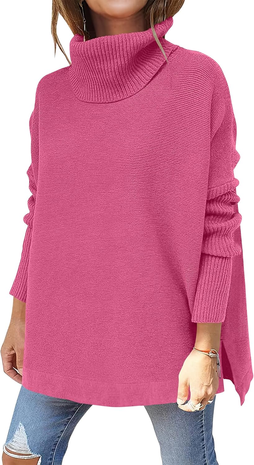 ANRABESS Women's Oversized Turtleneck Batwing Sleeve Spilt Casual Loose Knit Tunic Pullover Sweater Tops 2025 Fall Outfits