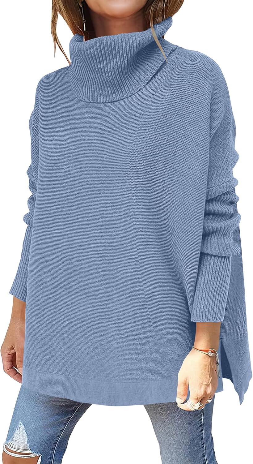 ANRABESS Women's Oversized Turtleneck Batwing Sleeve Spilt Casual Loose Knit Tunic Pullover Sweater Tops 2025 Fall Outfits