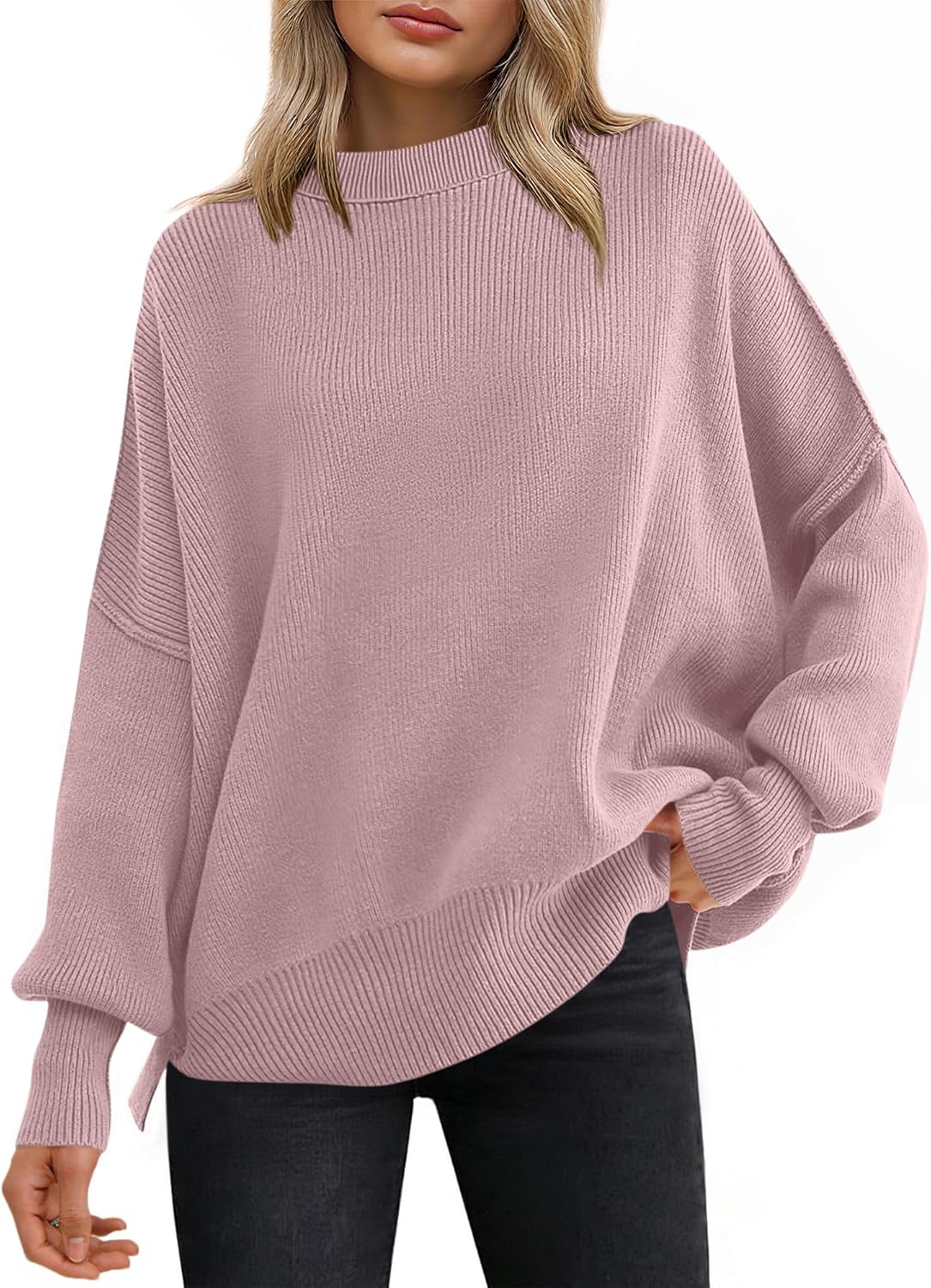 ANRABESS Women Oversized Sweaters Batwing Long Sleeve 2025 Fall Outfits Crewneck Casual Knit Side Slit Fashion Pullover Top