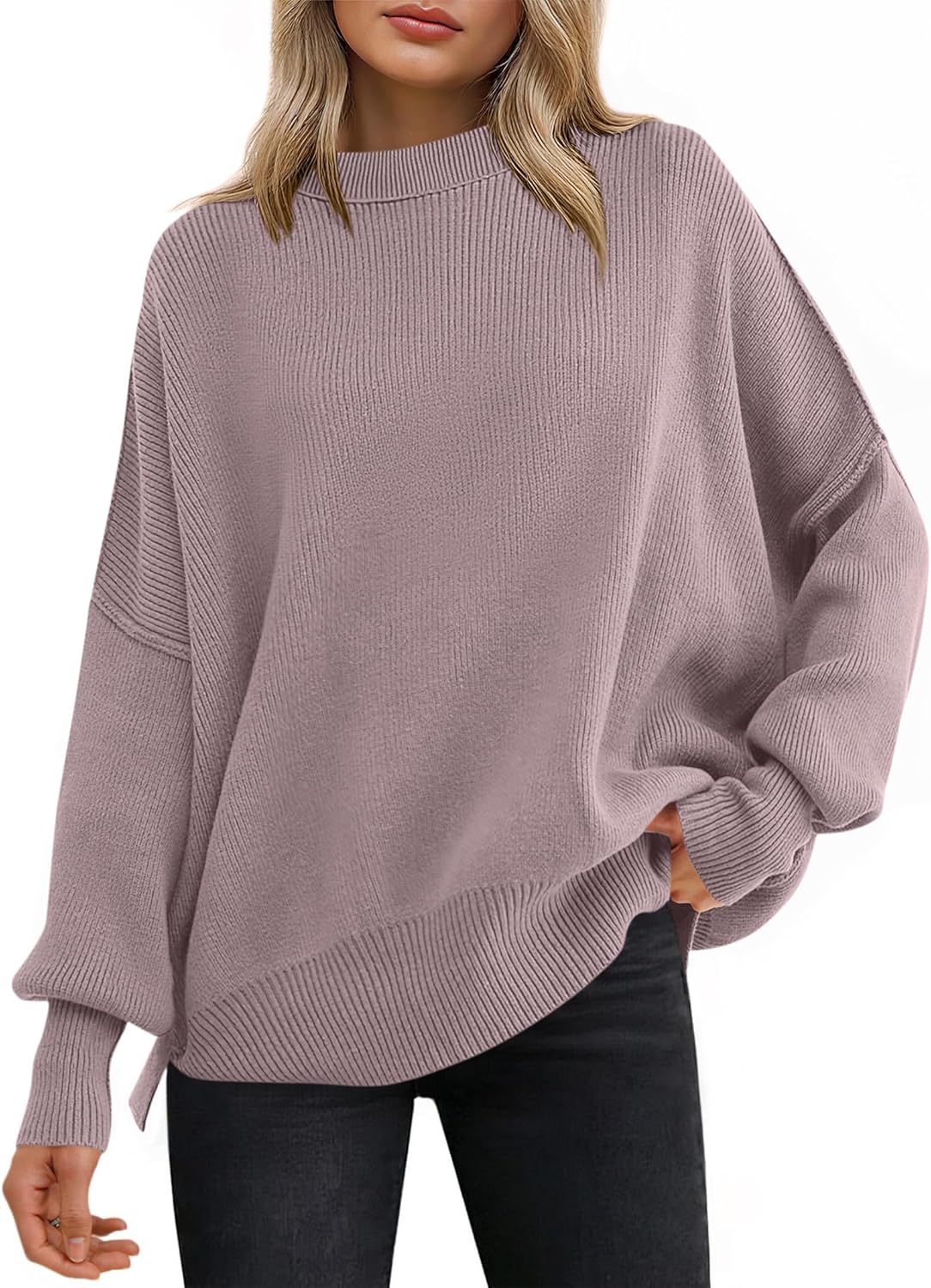 ANRABESS Women Oversized Sweaters Batwing Long Sleeve 2025 Fall Outfits Crewneck Casual Knit Side Slit Fashion Pullover Top
