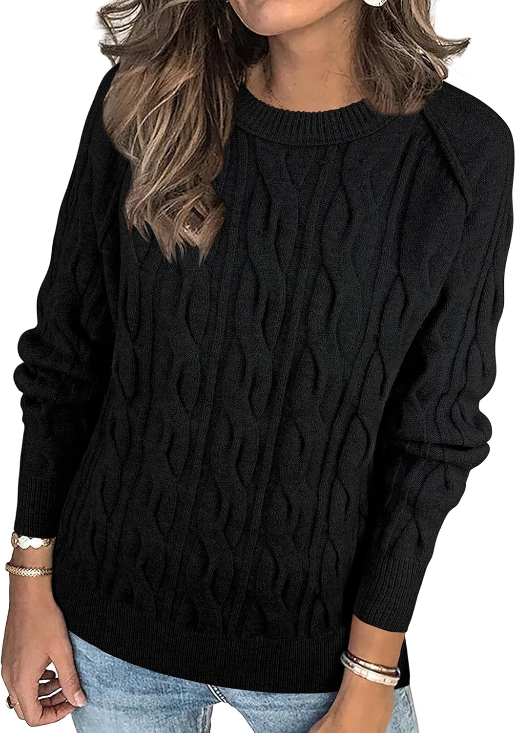 ANRABESS Sweaters for Women Long Sleeve Crewneck Cable Knit Casual Loose Pullover Tops 2025 Trendy Fall Vintage Outfits