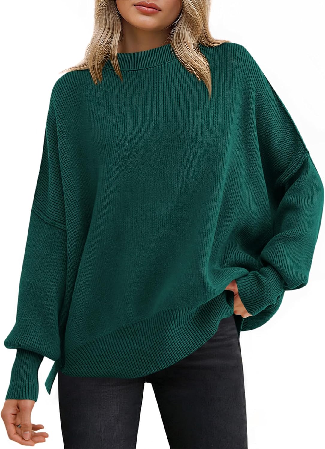 ANRABESS Women Oversized Sweaters Batwing Long Sleeve 2025 Fall Outfits Crewneck Casual Knit Side Slit Fashion Pullover Top