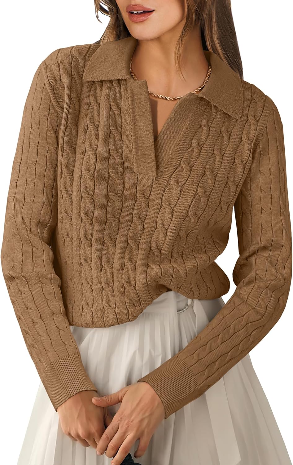 ANRABESS Womens Cable Knit Sweaters Long Sleeve V Neck Sweater Tops Casual Pullover Polo Shirts 2025 Fall Fashion Outfits