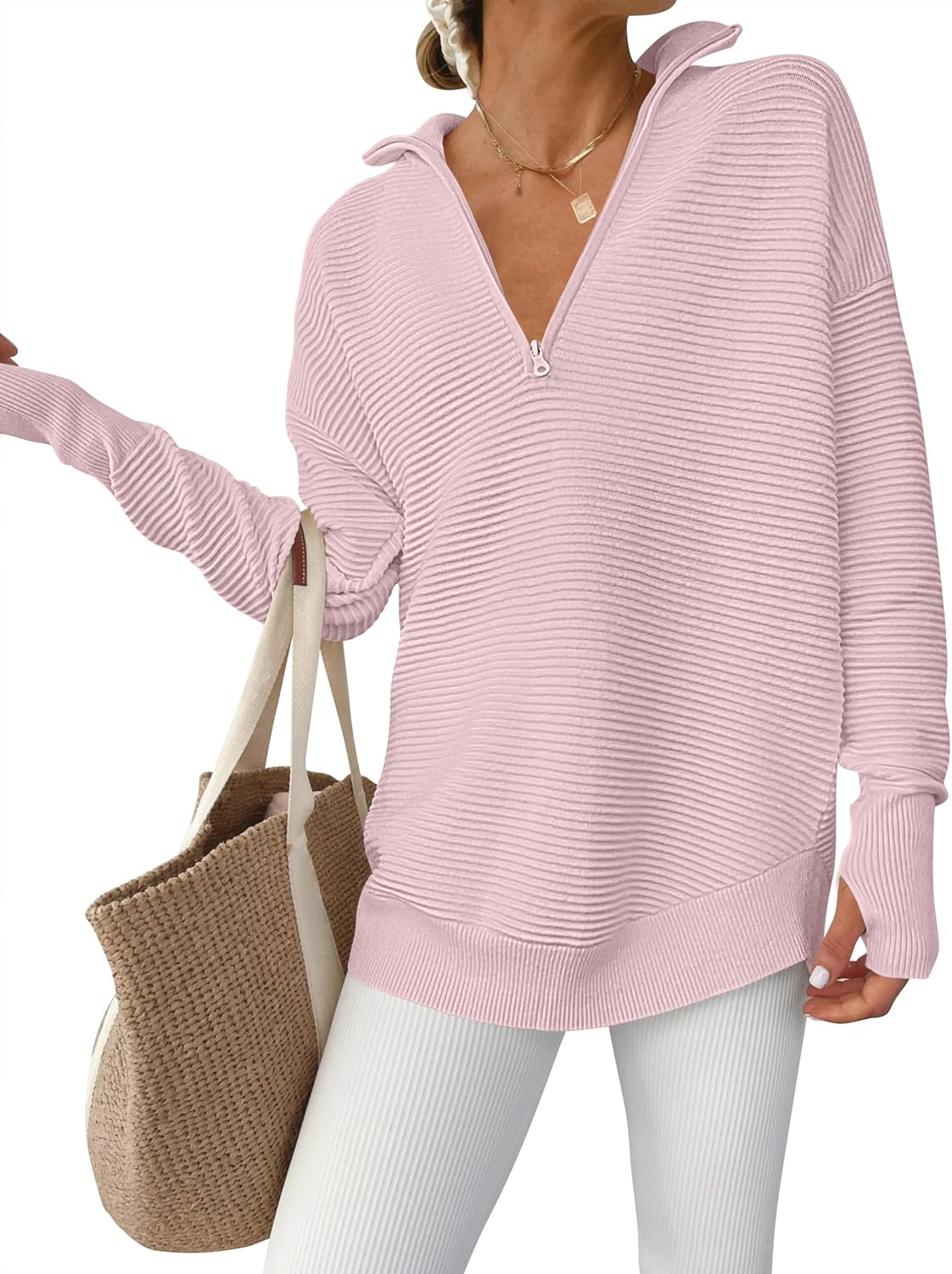 ANRABESS Womens Long Sleeve Quarter Zip Pullover Sweater Casual Loose V Neck Collared Ribbed Knit Jumper Tops Thumb Hole