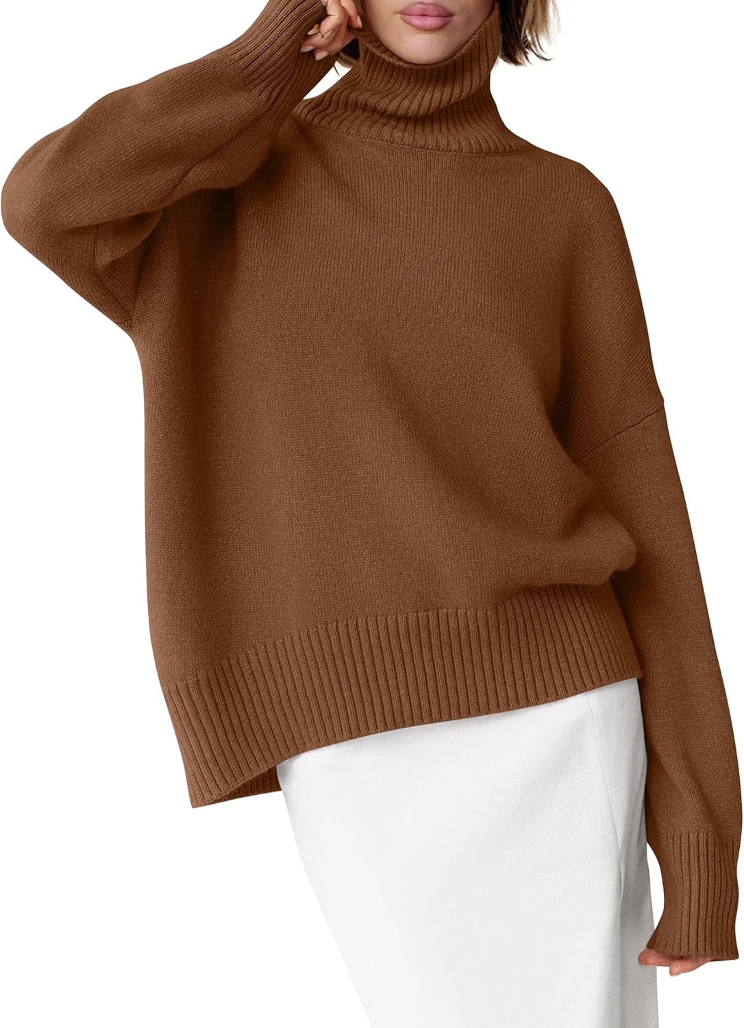 ANRABESS Womens Turtleneck Sweaters Oversized Chunky Long Sleeve Knit High Low Hem Pullover Top 2025 Fall Winter Fashion