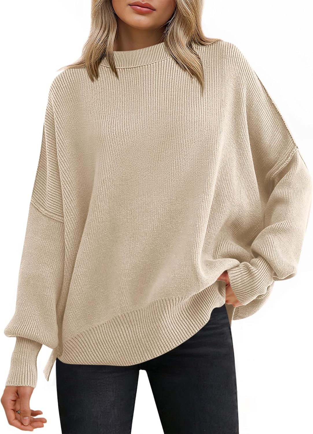 ANRABESS Women Oversized Sweaters Batwing Long Sleeve 2025 Fall Outfits Crewneck Casual Knit Side Slit Fashion Pullover Top