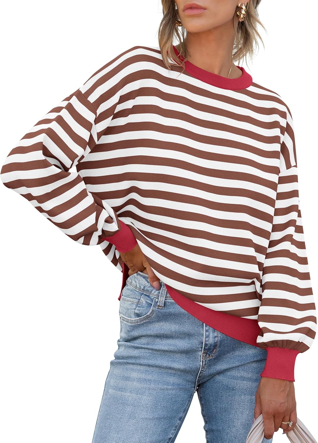 ANRABESS Womens Oversized Striped Sweaters Long Sleeve Crewneck Casual Side Slit Pullover Tops 2025 Fall Trendy Outfits