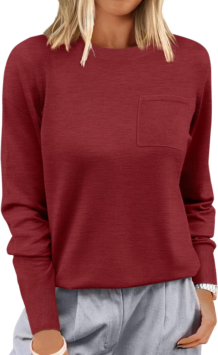 ANRABESS Oversized Sweaters for Women Casual Crewneck Knit Lightweight Chest Pocket Pullover Top 2025 Fall Travel Outfits