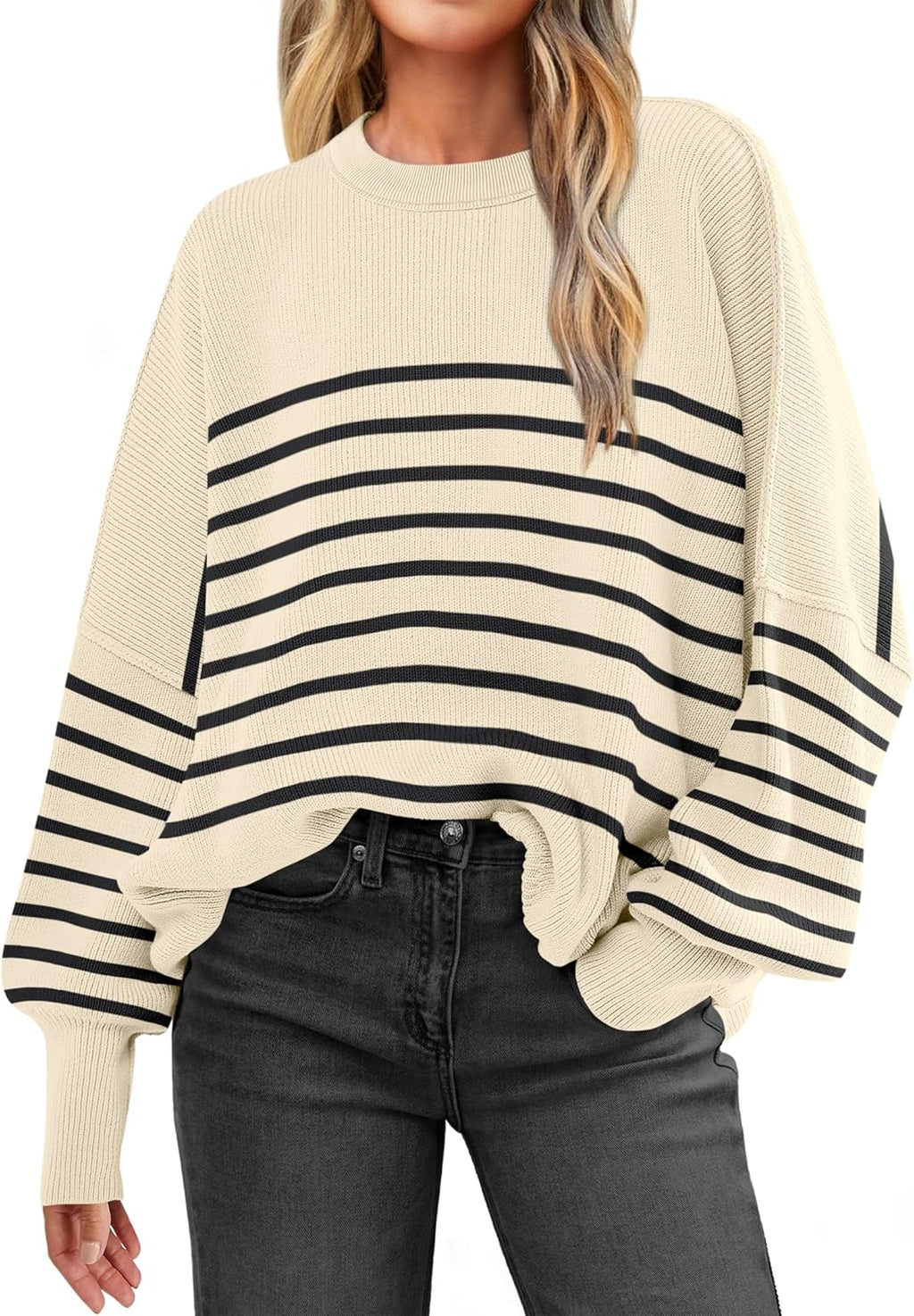 ANRABESS Womens Oversized Sweaters Fall 2025 Fashion Crewneck Batwing Long Sleeve Side Slit Knit Pullover Sweater Tops