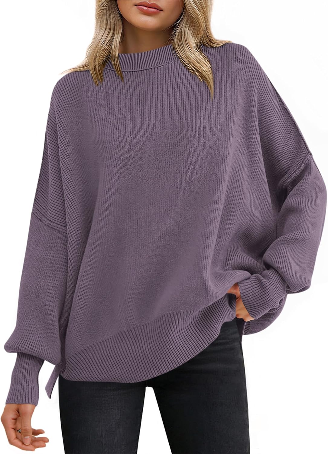 ANRABESS Women Oversized Sweaters Batwing Long Sleeve 2025 Fall Outfits Crewneck Casual Knit Side Slit Fashion Pullover Top