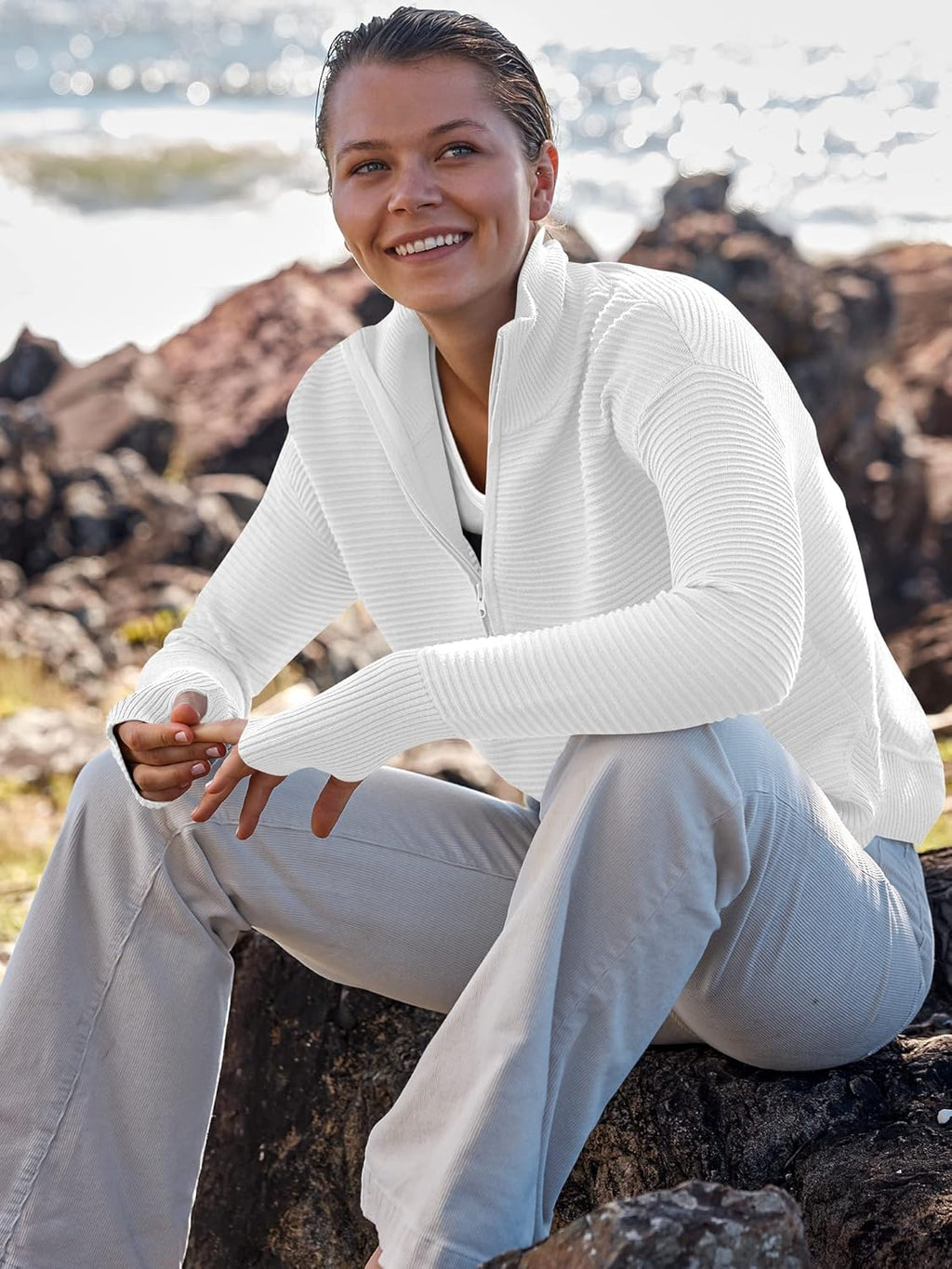 ANRABESS Womens Long Sleeve Quarter Zip Pullover Sweater Casual Loose V Neck Collared Ribbed Knit Jumper Tops Thumb Hole