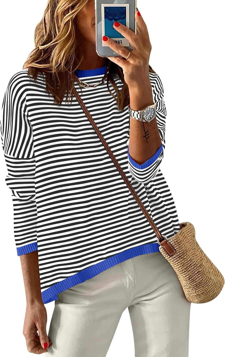 ANRABESS Womens Striped Sweaters Long Sleeve Top Crewneck Color Block Casual Loose Knitted Pullover Shirts 2025 Fall Outfits