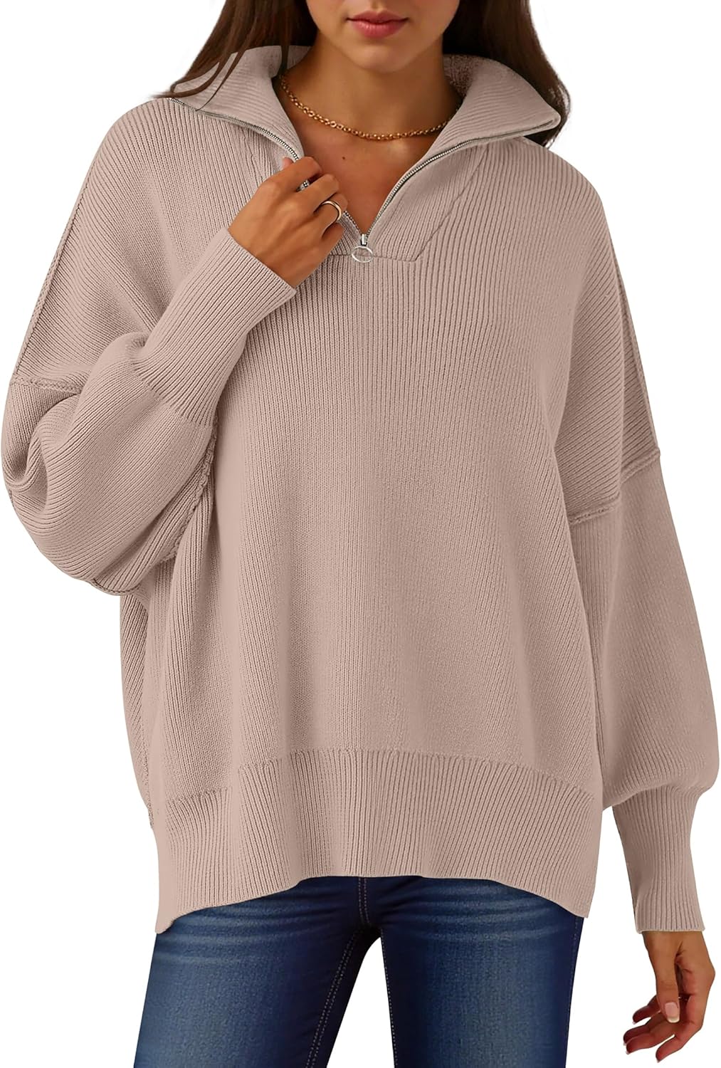 ANRABESS Women's Oversized Fashion Long Sleeve Quarter Zip Baggy Loose Slouchy Sweater Pullover Tops 2025 Fall Outfits