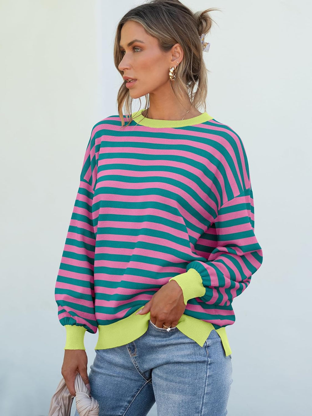 ANRABESS Womens Oversized Striped Sweaters Long Sleeve Crewneck Casual Side Slit Pullover Tops 2025 Fall Trendy Outfits