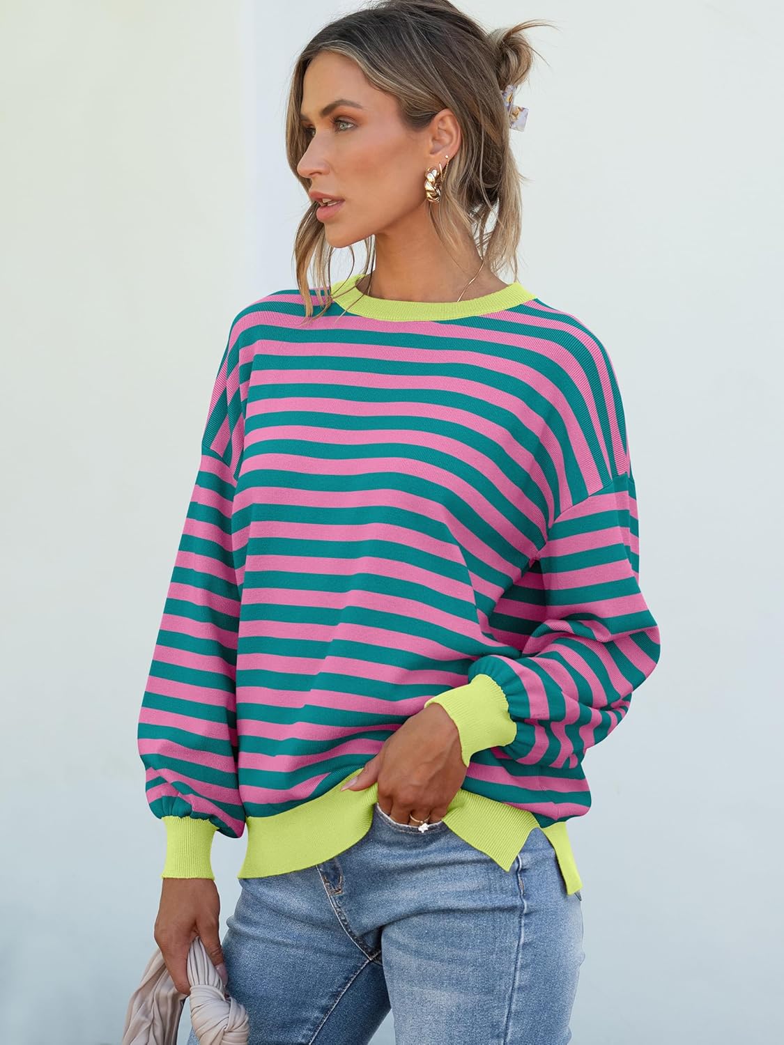 ANRABESS Womens Oversized Striped Sweaters Long Sleeve Crewneck Casual Side Slit Pullover Tops 2025 Fall Trendy Outfits