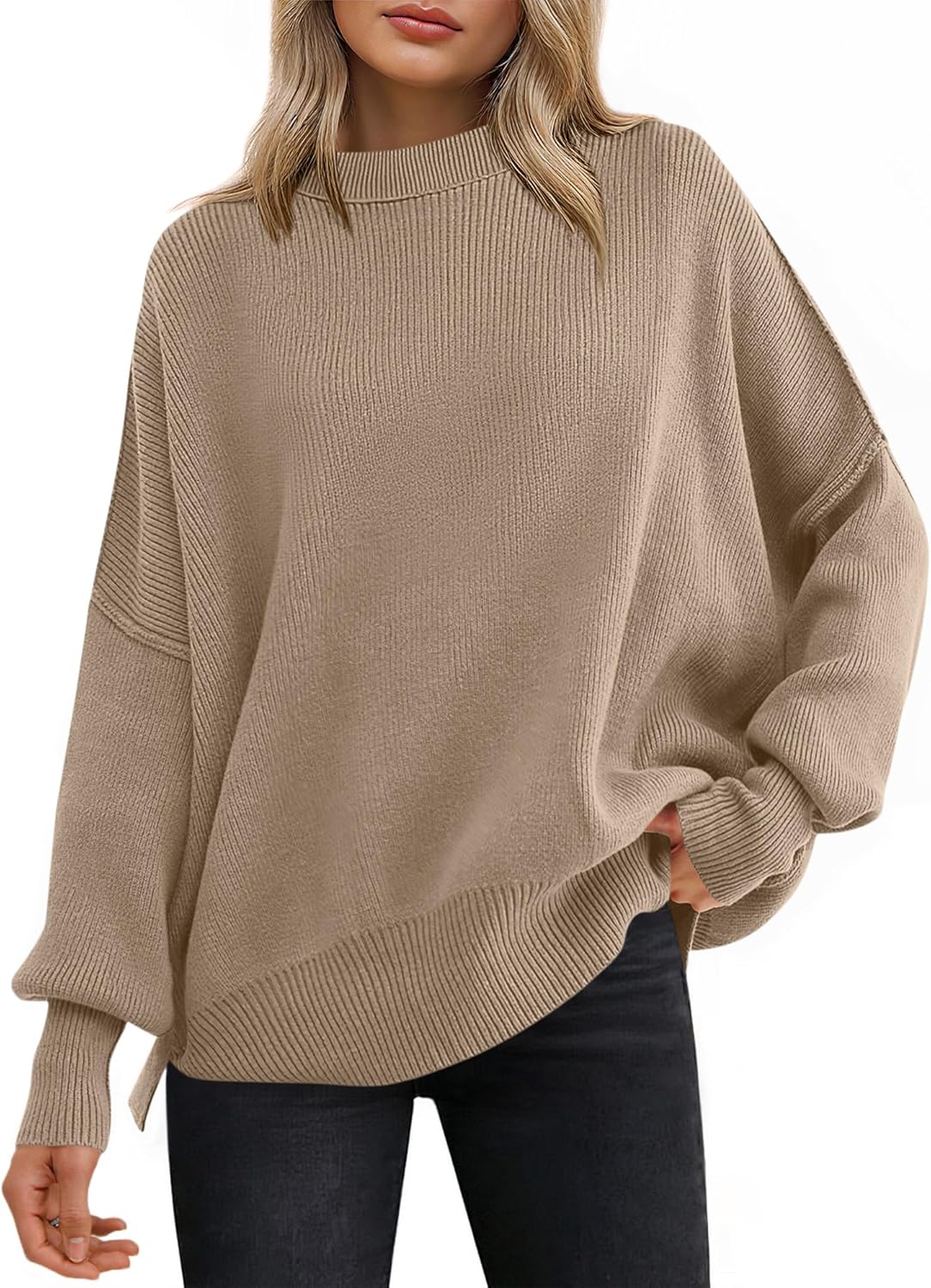 ANRABESS Women Oversized Sweaters Batwing Long Sleeve 2025 Fall Outfits Crewneck Casual Knit Side Slit Fashion Pullover Top
