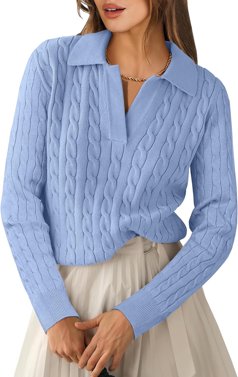 ANRABESS Womens Cable Knit Sweaters Long Sleeve V Neck Sweater Tops Casual Pullover Polo Shirts 2025 Fall Fashion Outfits