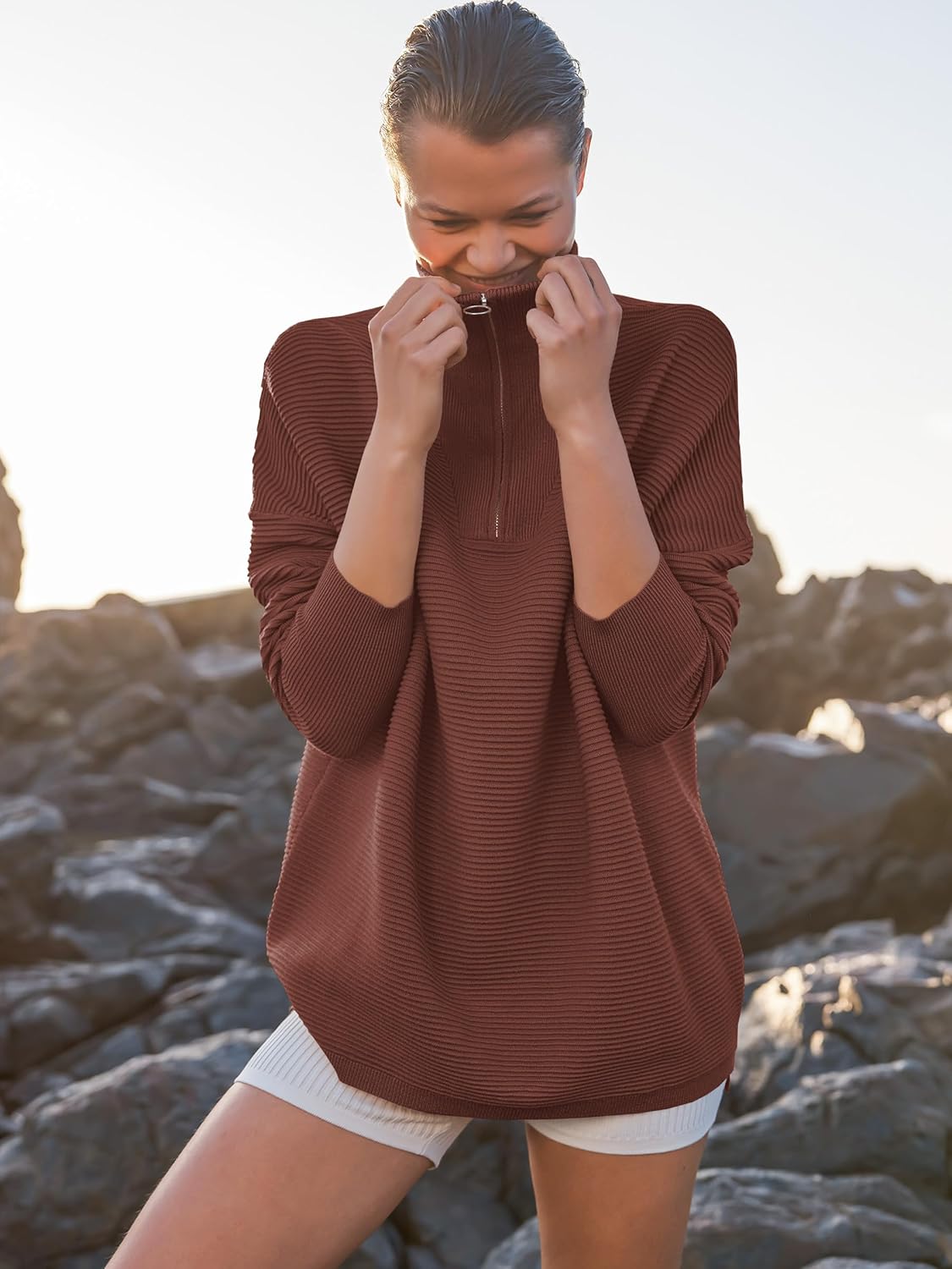 ANRABESS Women Quarter Zip Oversized Casual Loose Rib Knit Cozy Pullover Sweaters Top 2025 Fall Fashion Outfits Clothes