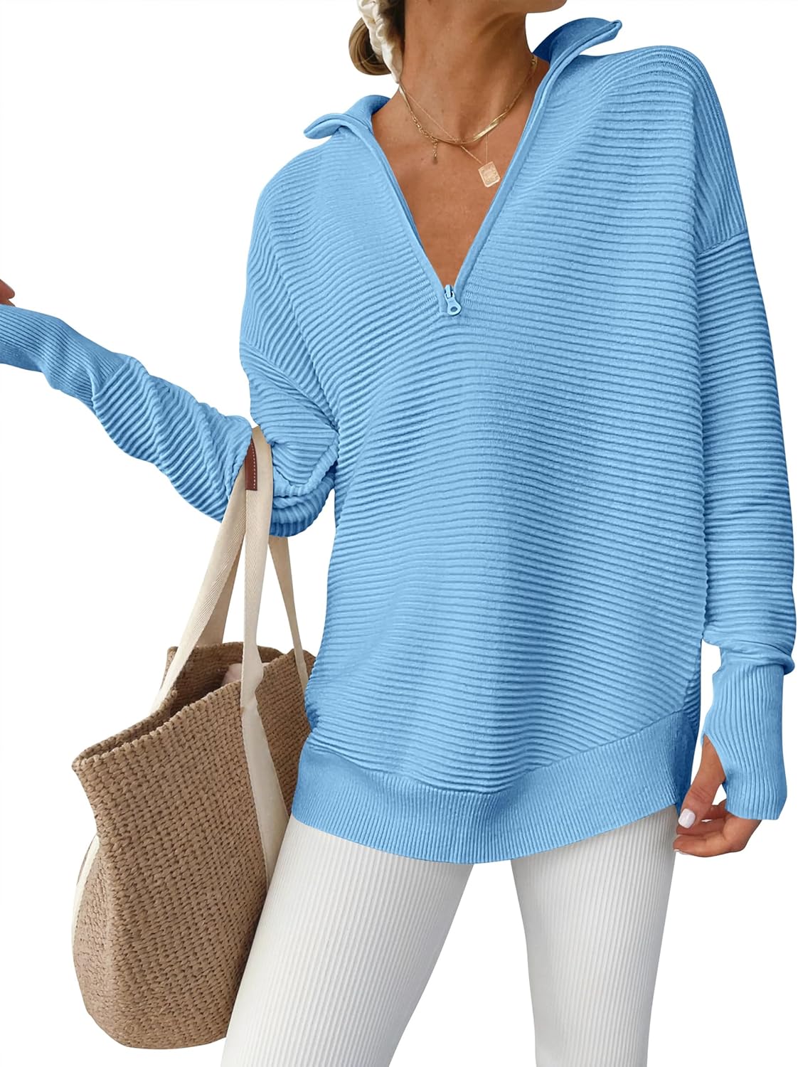 ANRABESS Womens Long Sleeve Quarter Zip Pullover Sweater Casual Loose V Neck Collared Ribbed Knit Jumper Tops Thumb Hole