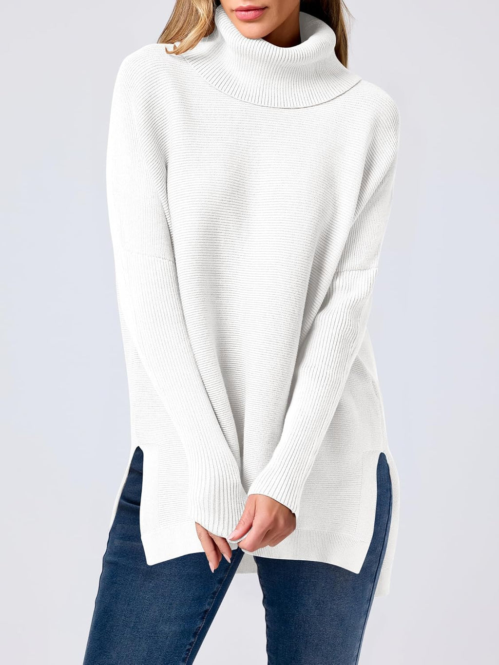 ANRABESS Women's Oversized Turtleneck Batwing Sleeve Spilt Casual Loose Knit Tunic Pullover Sweater Tops 2025 Fall Outfits