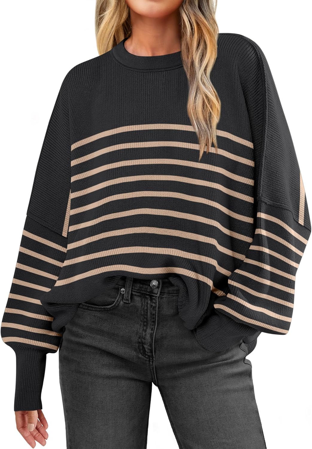 ANRABESS Womens Oversized Sweaters Fall 2025 Fashion Crewneck Batwing Long Sleeve Side Slit Knit Pullover Sweater Tops