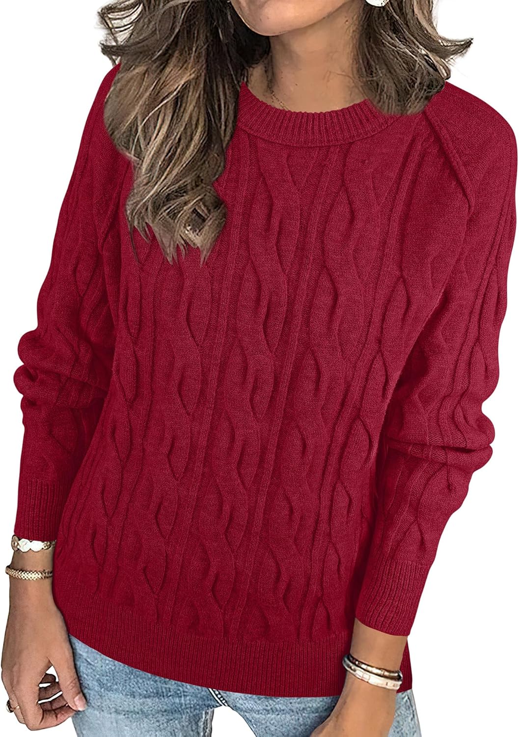 ANRABESS Sweaters for Women Long Sleeve Crewneck Cable Knit Casual Loose Pullover Tops 2025 Trendy Fall Vintage Outfits