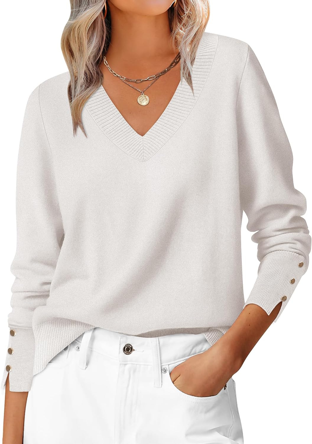 ANRABESS Sweaters for Women Long Sleeve V Neck Shirts Business Casual Work Blouses 2025 Fall Loose Knit Pullover Sweater Tops
